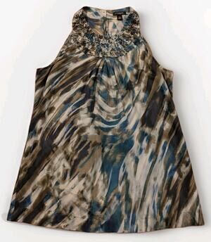 Ann Taylor Womens XS 100% Silk Blouse Ruffle Neck Abstract Print Sleeveless
